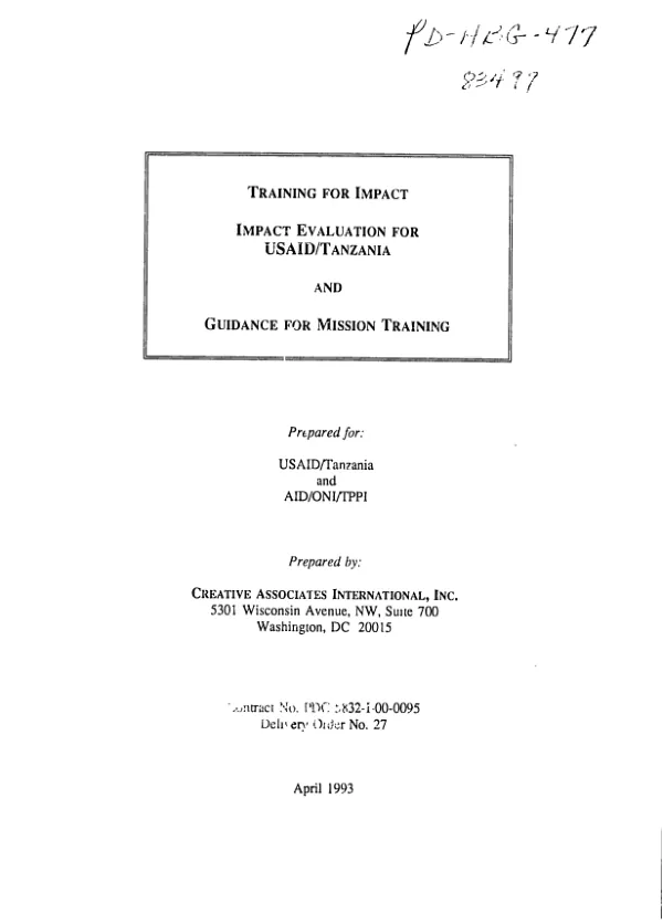 Training for impact : impact evaluation for USAID/Tanzania and guidance for mission training
