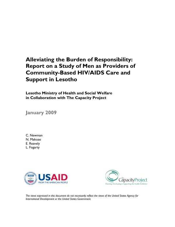 Alleviating the burden of responsibility : report on a study of men as providers of community-based HIV/AIDS care and support in Lesotho