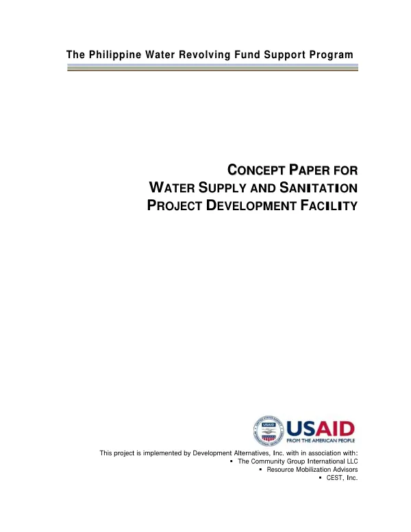 The Philippine water revolving fund support program : concept paper for water supply and sanitation project development facility