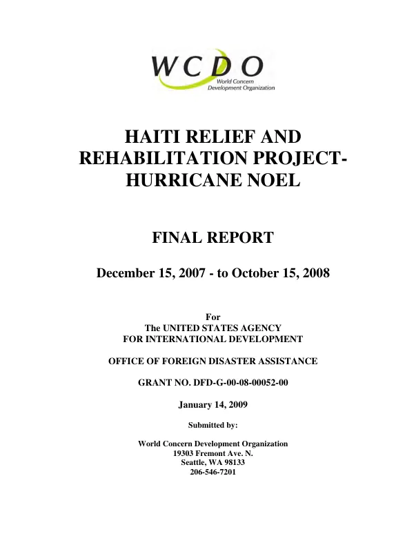 Haiti relief and rehabilitation project : Hurricane Noel -- final report, December 15, 2007 to October 15, 2008