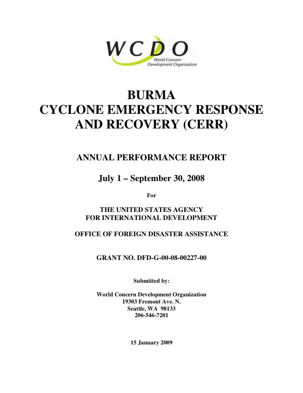 Burma cyclone emergency response and recovery (CERR) : annual performance report, July 1-September 30, 2008
