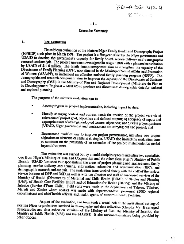 Executive summary [: midterm evaluation of the Niger family health and demography project]