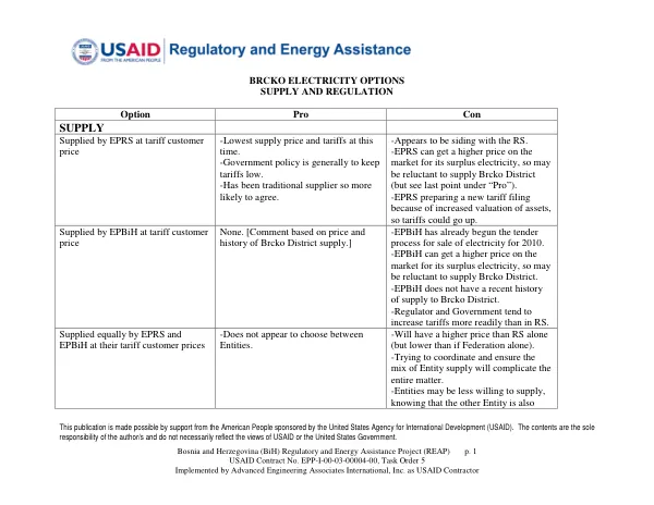 BiH REAP: BRCKO ELECTRICITY OPTIONS SUPPLY AND REGULATION