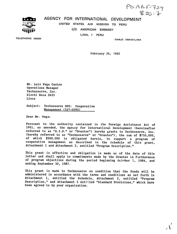 AID grant to Technoserve, Inc. for a program of cooperative management