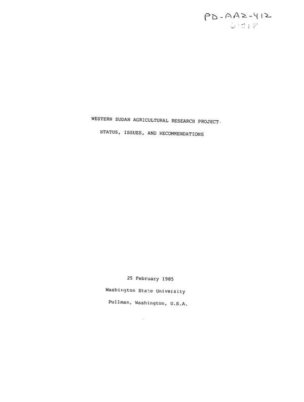 Western Sudan agricultural research project : status, issues, and recommendations
