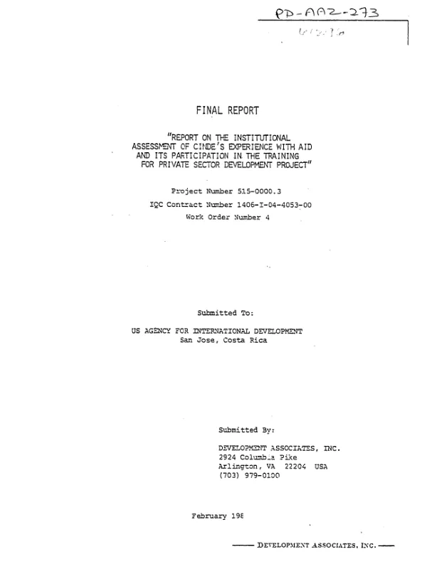 Final report : report on the institutional assessment of CINDE"s experience with AID and its participation in the training for private sector development project