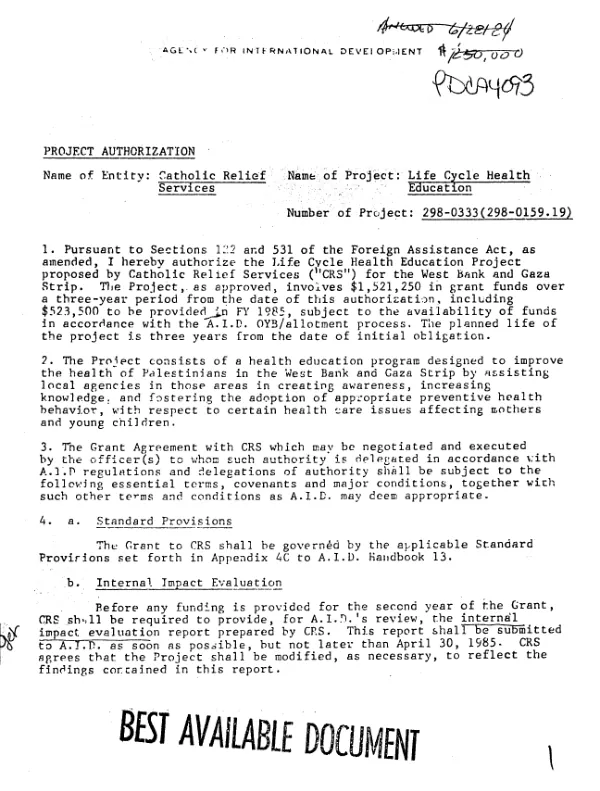 Project authorization [: Catholic Relief Services, life cycle health education project]