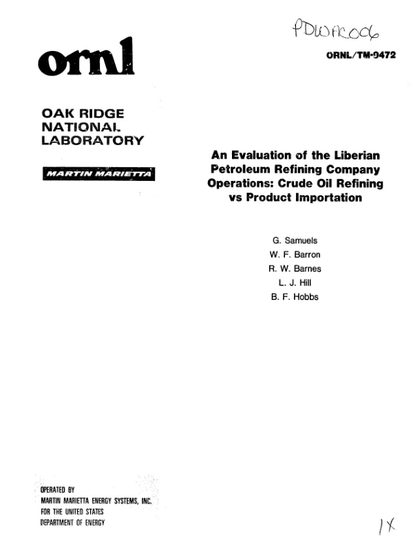 Evaluation of the Liberian petroleum refining company operations : crude oil refining vs product importation