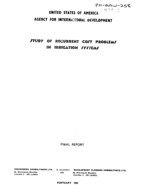 Study of recurrent cost problems in irrigation systems, Sri Lanka : final report