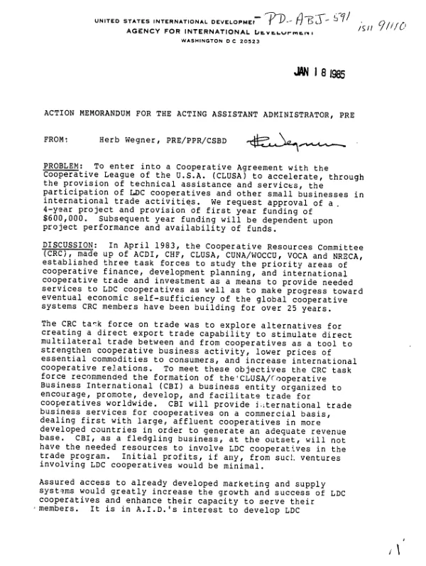 Action memorandum for the Acting Assistant Administrator, PRE [: Cooperative League of the USA -- to accelerate participation of LDC cooperatives and small businesses in international trade]