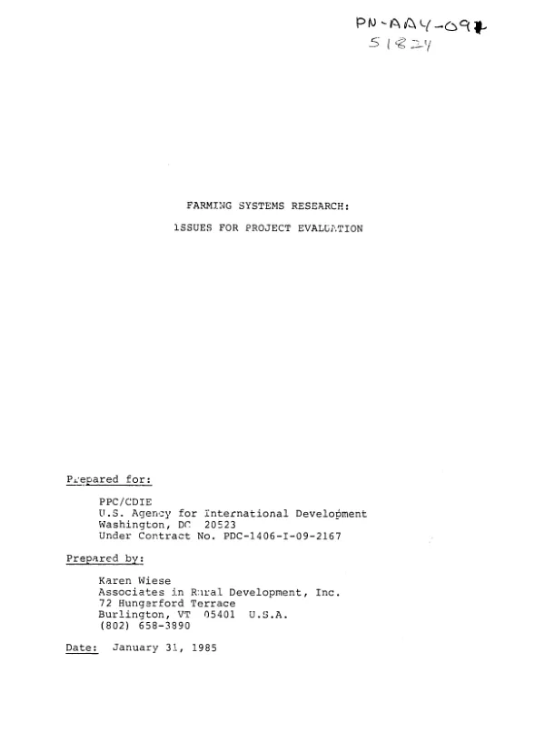 Farming systems research : issues for project evaluation