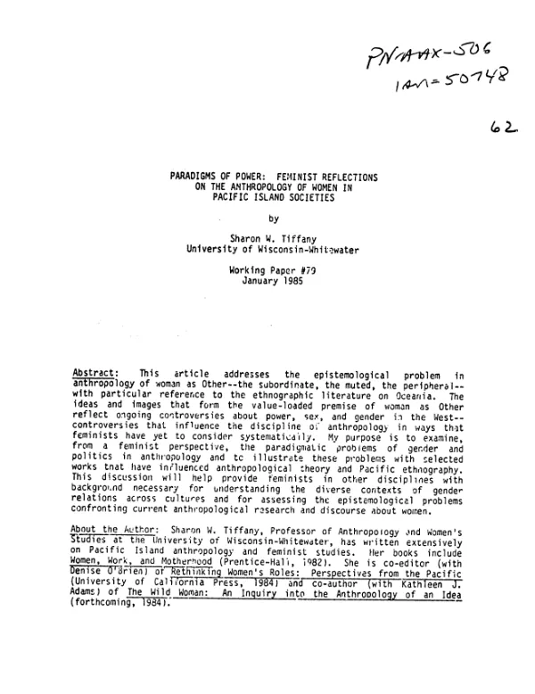 Paradigms of power : feminist reflections on the anthropology of women in Pacific Island societies