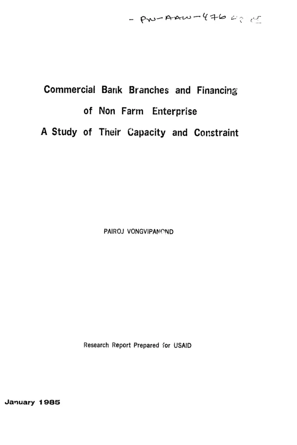 Commercial bank branches and financing of non farm enterprise : a study of their capacity and constraint