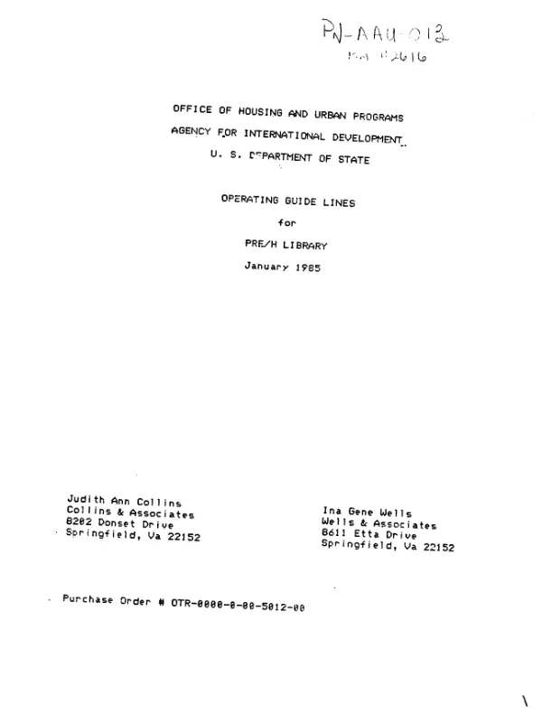 Office of Housing and Urban Programs, Agency for International Development, US Department of State : operating guide lines for PRE/H library