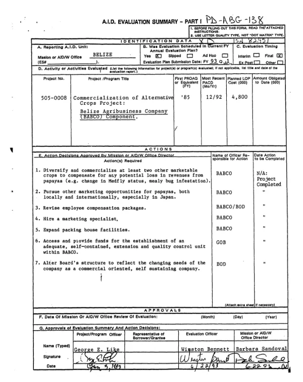 Evaluation of the progress made by the Belize Agribusiness Company (BABCO) funded under the commercialization of alternative crops project, United States Agency for International Development