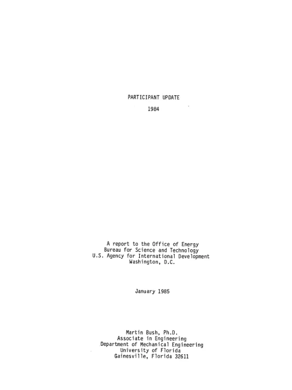 Participant update, 1984 : a report to the Office of Energy, Bureau for Science and Technology, US Agency for International Development, Washington, D.C.