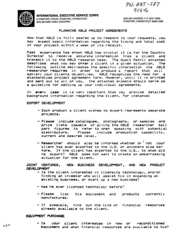 Planning ABLE [American Business Linkage Exchange] project agreements