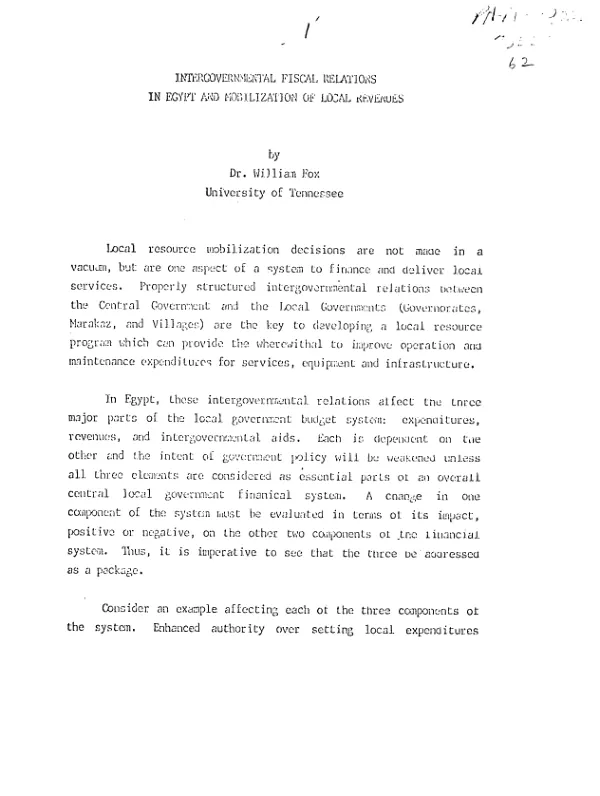 Intergovernmental fiscal relations in Egypt and mobilization of local revenues