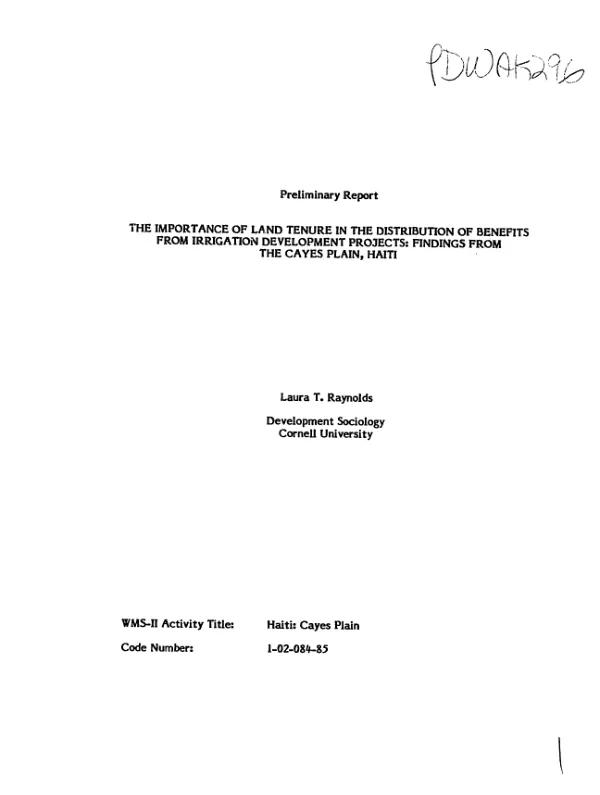 Importance of land tenure in the distribution of benefits from irrigation development projects : findings from Cayes Plain, Haiti (preliminary report)