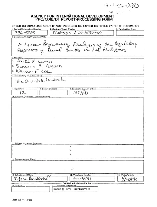 Linear programming analysis of the regulatory response of rural banks in the Philippines