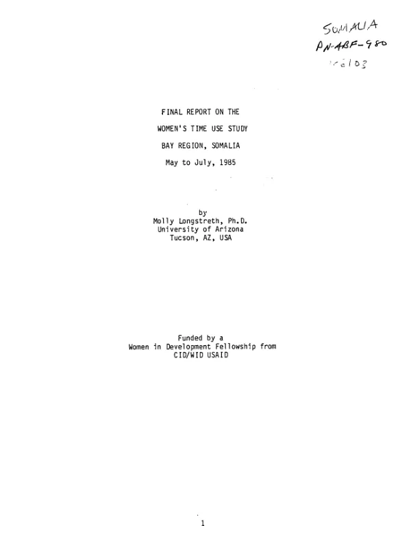 Final report on the women"s time use study, Bay Region, Somalia, May to July, 1985