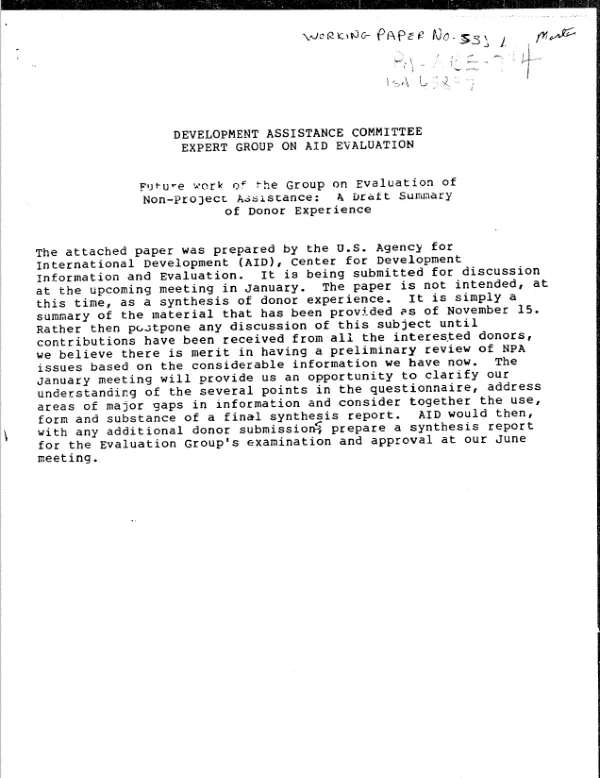 Development Assistance Committee Expert Group on aid Evaluation -- future work of the group on evaluation of non-project assistance : a draft summary of donor experience
