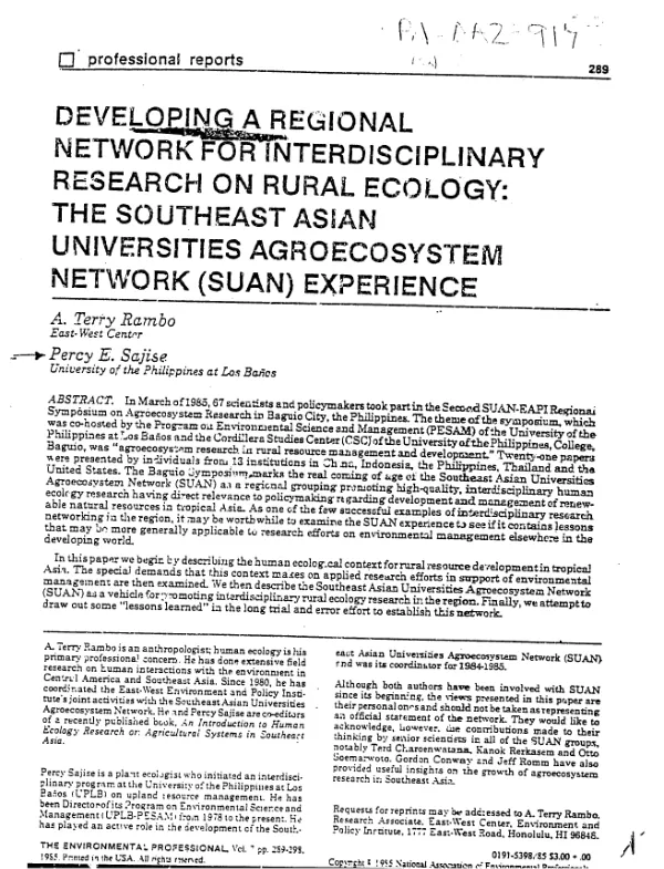 Developing a regional network for interdisciplinary research on rural ecology : the Southeast Asian Universities Agroecosystem Network (SUAN) experience