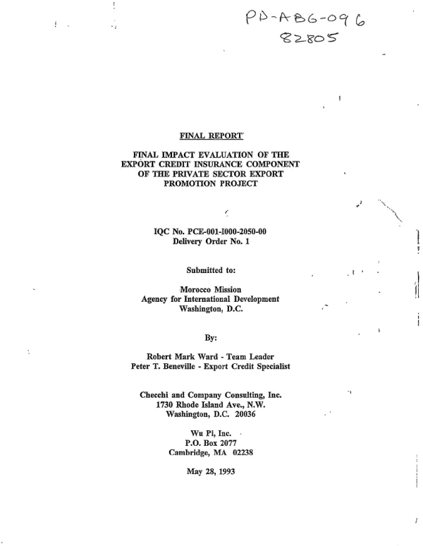 Final report : final impact evaluation of the export credit insurance component of the private sector export promotion project
