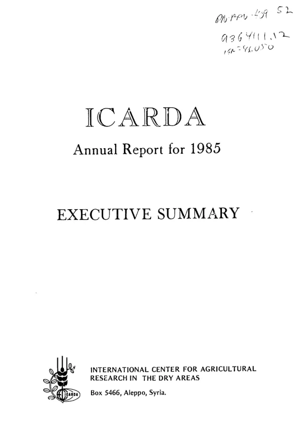 ICARDA annual report for 1985 : executive summary