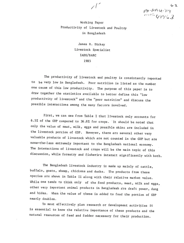 Working paper : productivity of livestock and poultry in Bangladesh