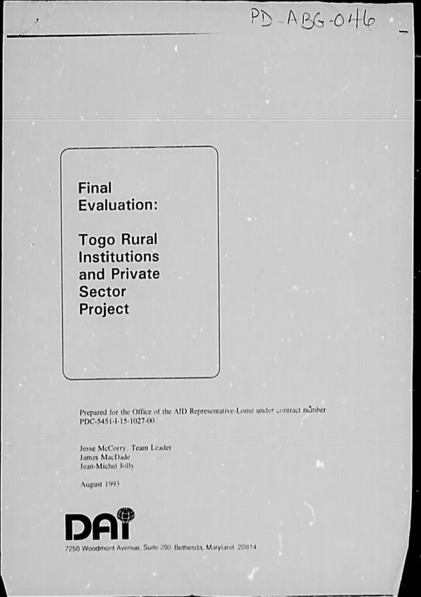 Final evaluation : Togo rural institutions and private sector project (TRIPS)