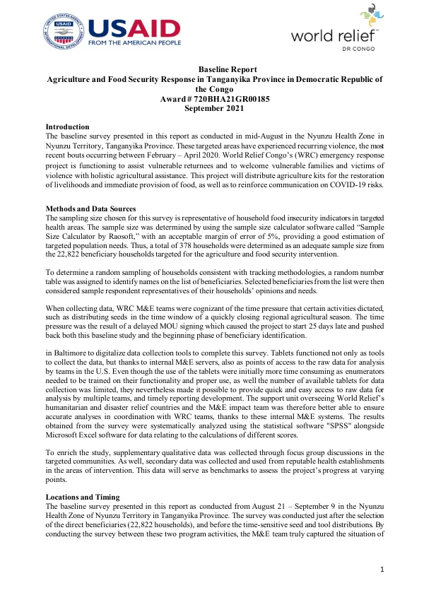Baseline report : agriculture and food security response in Tanganyika province in Democratic Republic of the Congo