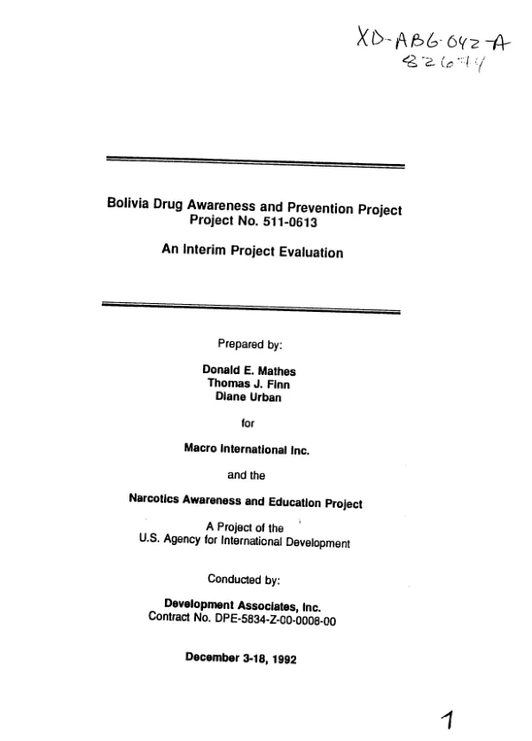 Bolivia drug awareness and prevention project, project no. 511-0614 : an interim project evaluation