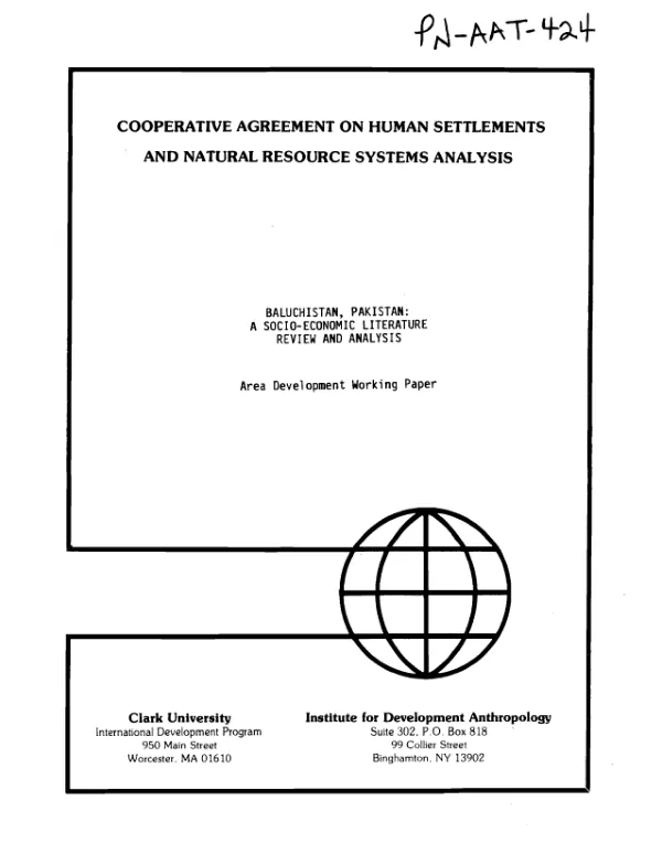 Baluchistan, Pakistan : a socio-economic literature review and analysis (area development working paper)