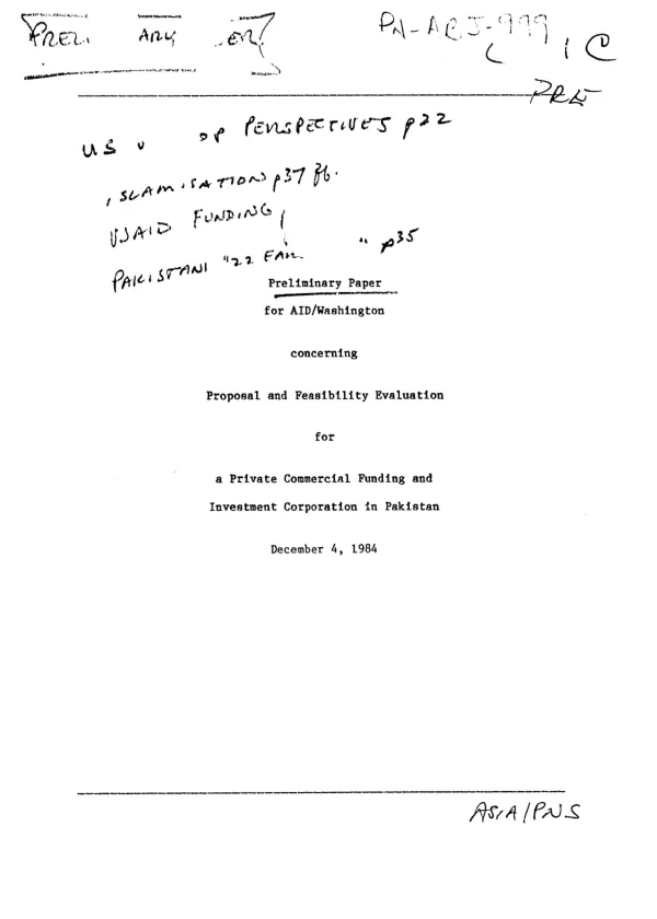 Preliminary paper for AID/Washington concerning proposal and feasibility evaluation for a private commercial funding and investment corporation in Pakistan