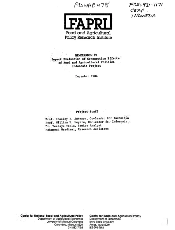 Memorandum #1 : impact evaluation of consumption effects of food and agricultural policies, Indonesia project
