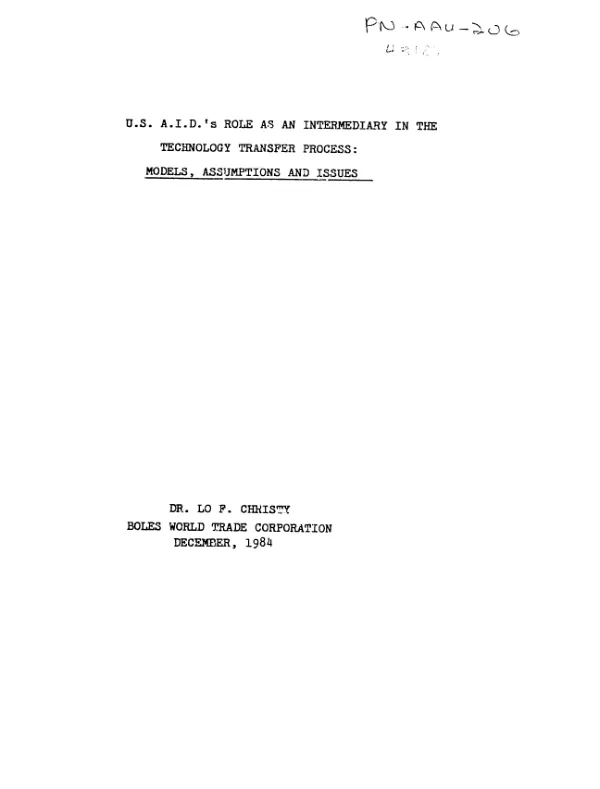 US AID"s role as an intermediary in the technology transfer process : models, assumptions and issues