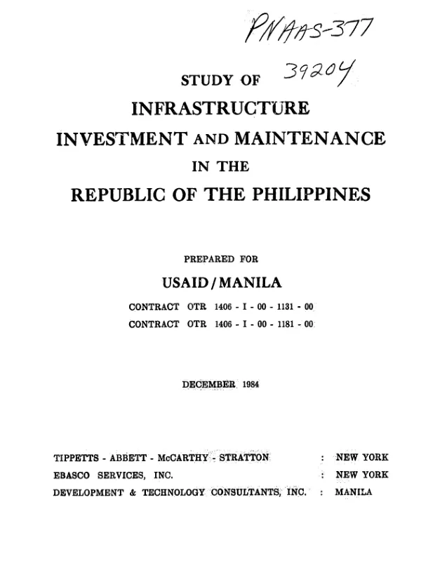 Study of infrastructure investment and maintenance in the Republic of the Philippines