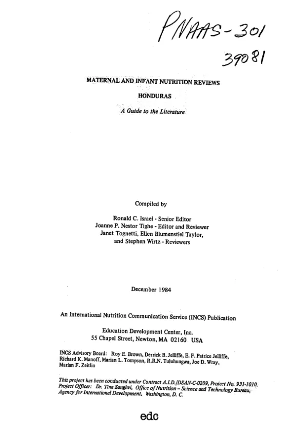 Maternal and infant nutrition reviews : Honduras : a guide to the literature
