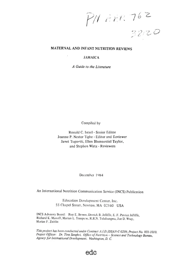 Maternal and infant nutrition reviews : Jamaica : a guide to the literature