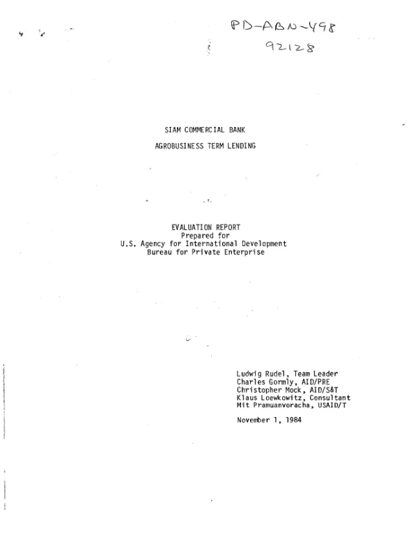 Siam Commercial Bank agrobusiness [i.e. agribusiness] term lending : evaluation report