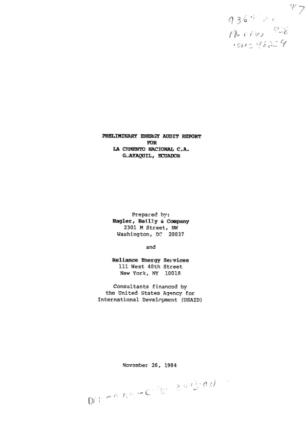 Preliminary energy audit report for La Cemento Nacional, C.A., Guayaquil, Ecuador