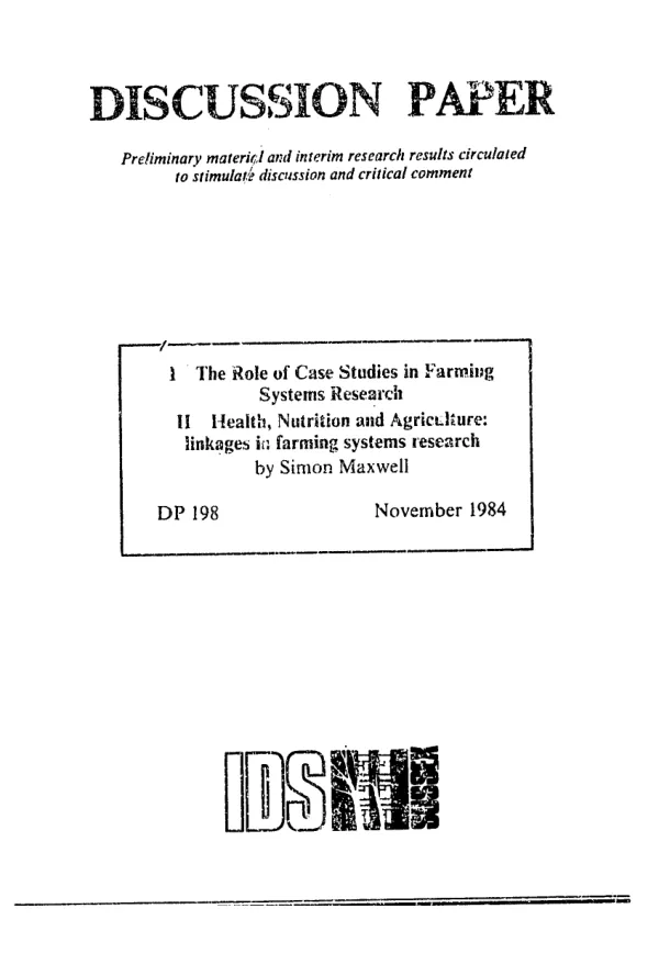 Health, nutrition and agriculture : linkages in farming systems research