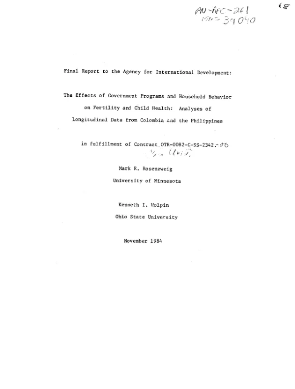 Effects of government programs and household behavior on fertility and child health : analyses of longitudinal data from Colombia and the Philippines