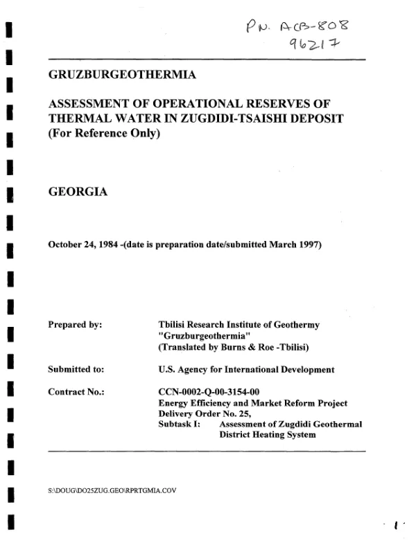 Assessment of operational reserves of thermal water in Zugdidi-Tsaishi Deposit, Republic of Georgia (for reference only)