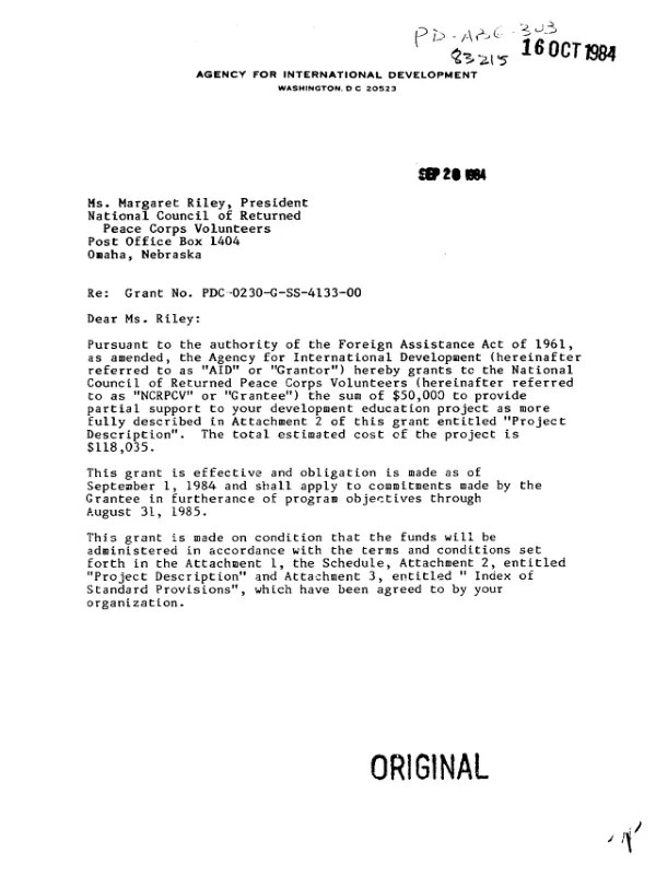 AID grant no. PDC-0230-G-SS-4133-00 to the National Council of Returned Peace Corps Volunteers for the development education project