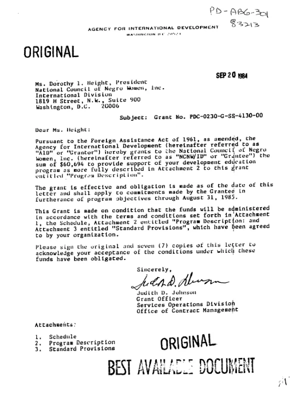 AID grant no. PDC-0230-G-SS-4130-00 to the National Council of Negro Women, Inc. for a program in development education