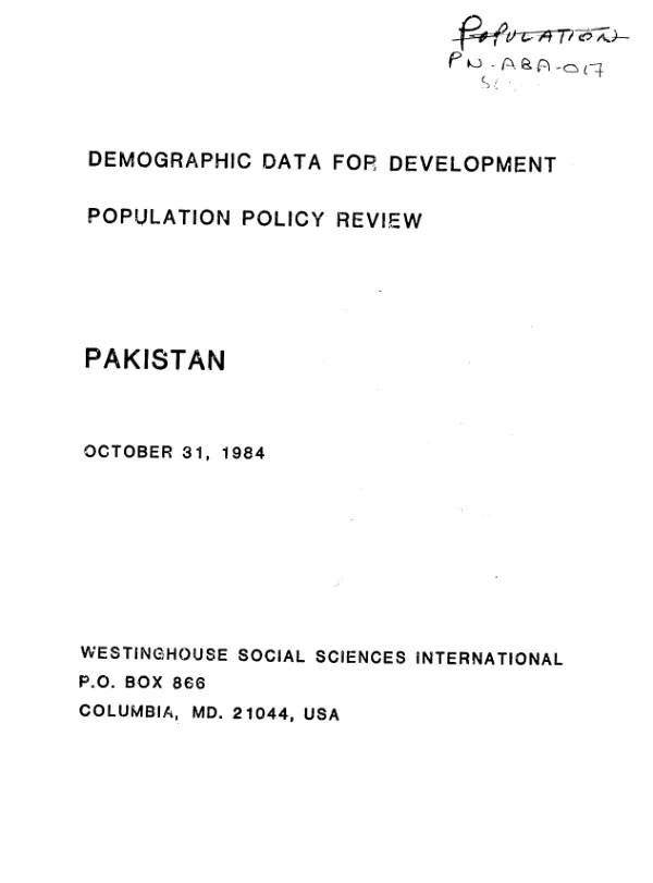 Demographic data for development, population policy review : Pakistan