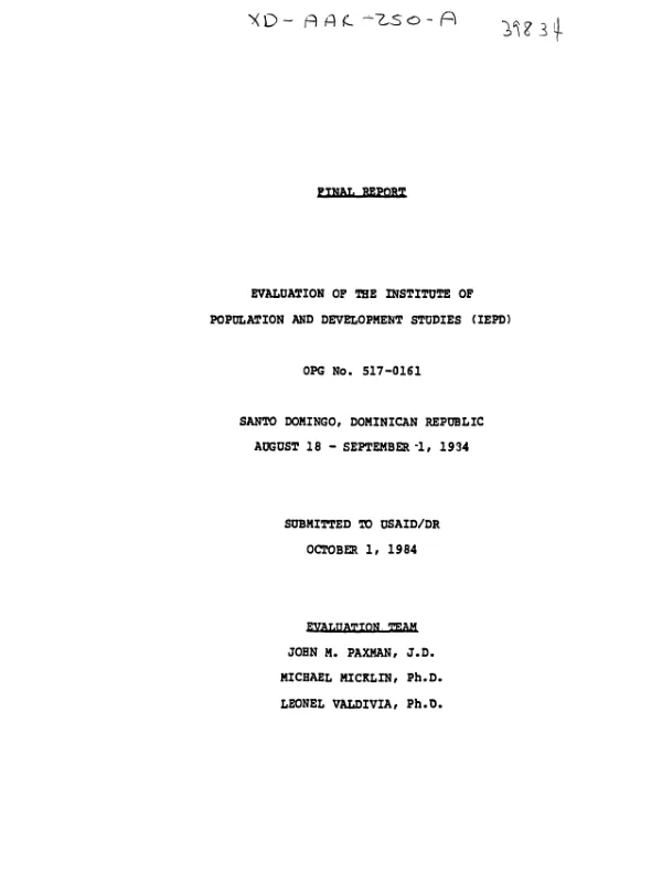 Final report : evaluation of the Institute of Population and Development Studies (IEPD)