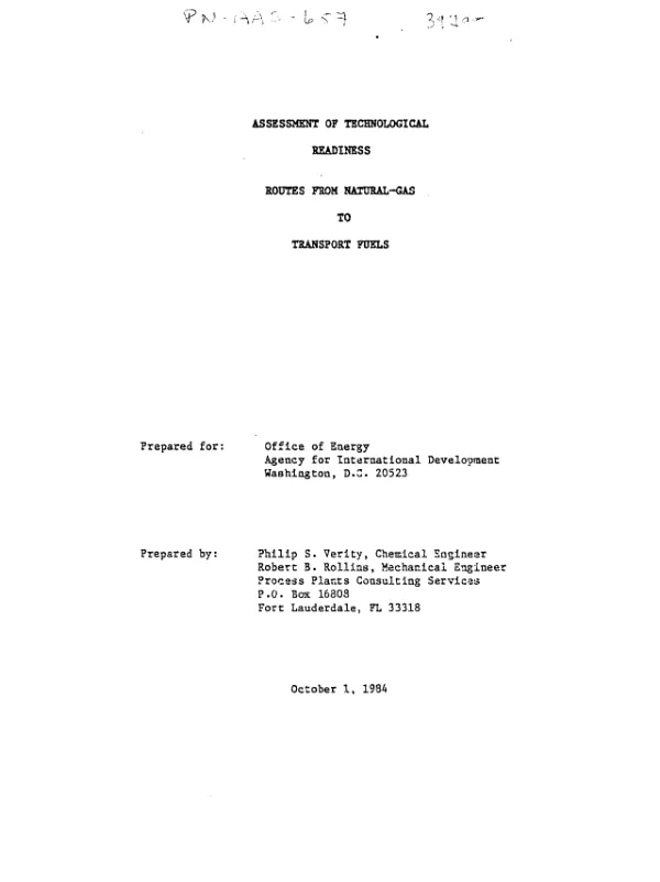 Assessment of technological readiness : routes from natural gas to transport fuels